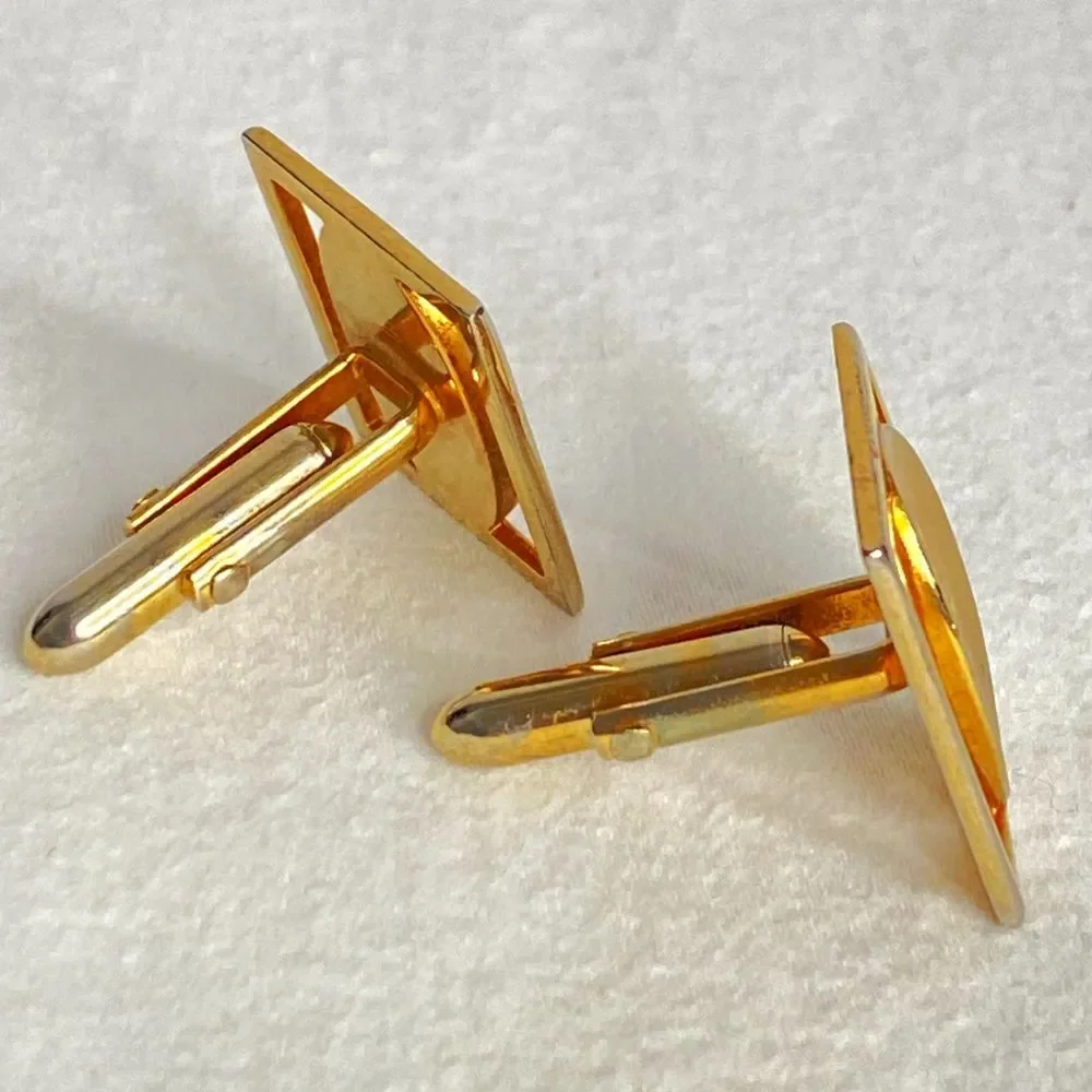 💎Swank Gold Tone Cufflinks Rectangular Open Frame Engraved Abstract Oval Design